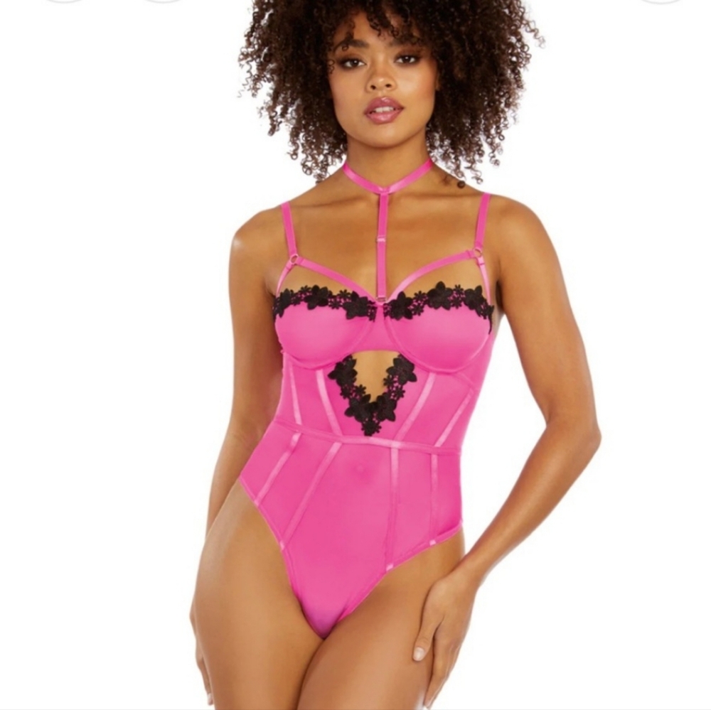 Dreamgirl Hot Pink Cutout Teddy W/Black Applique Trim & Chest Straps Detail (L)